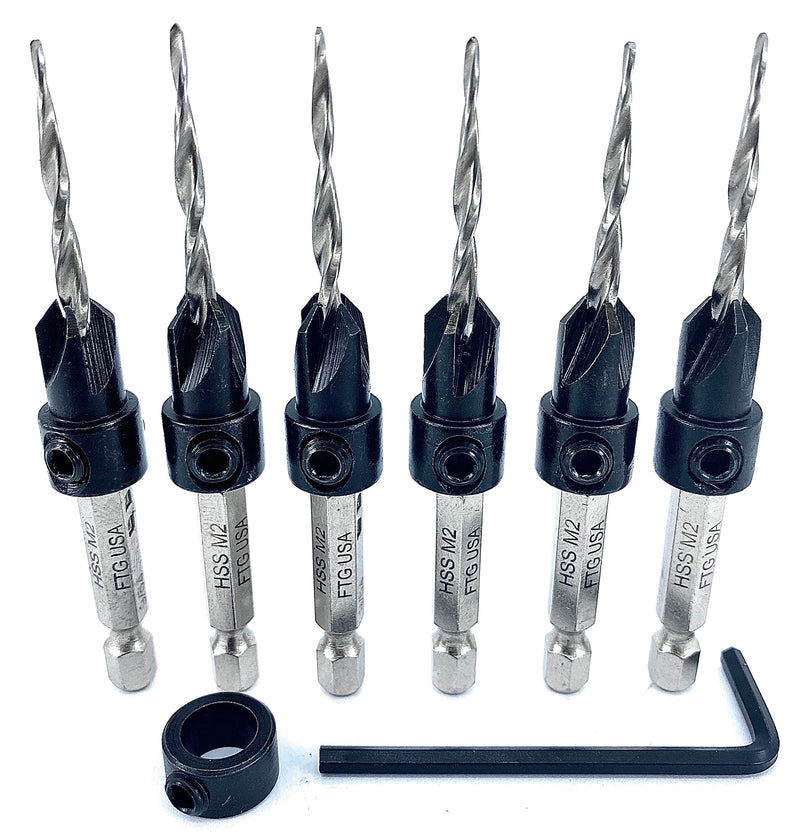 FTG USA 6 Pc #6 (9/64") Wood Countersink Drill Bit Set with Parabolic Flute, Tapered Drill Bit, Depth Stop Collar and Hex Wrench #6 (9/64") 6 Pc Hex Shank
