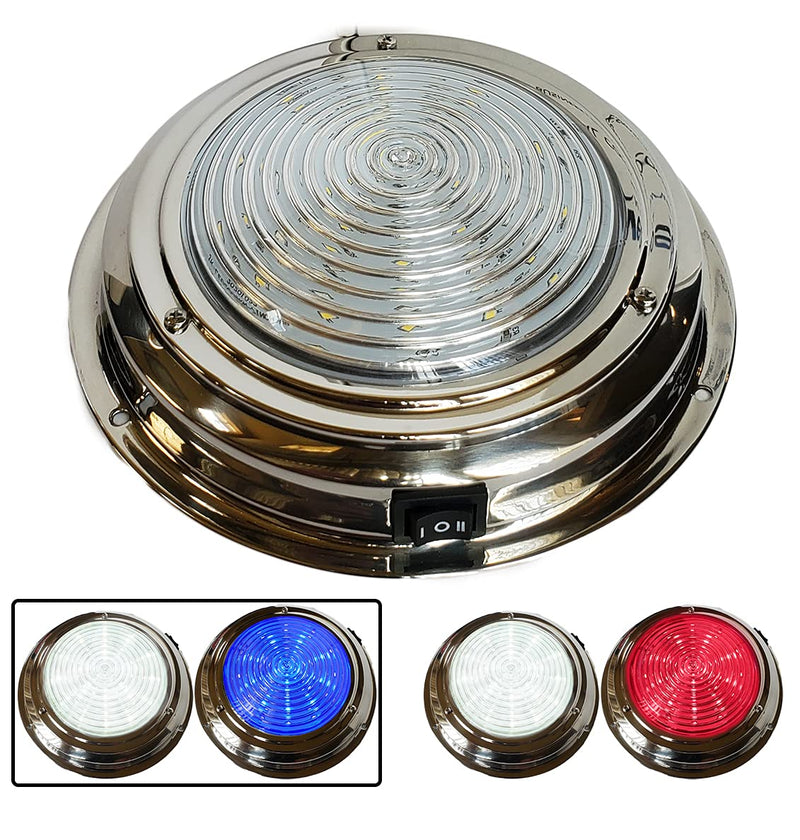 Wave One Marine Dual Color 7" LED Boat Dome Light 12V RV | Stainless Housing | Ceiling Cabin Room Surface Mount | Built In Rocker Toggle Switch (White | Cool Blue) White | Cool Blue