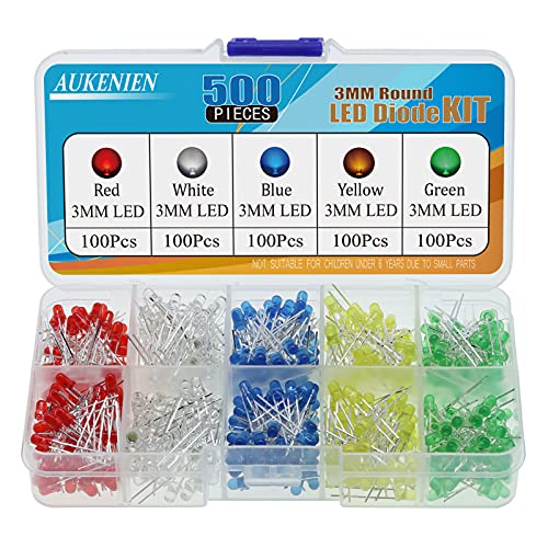 AUKENIEN Pack of 500 3 mm LED Diodes Light Diode Assortment Kit Round Head 2 Pin LED Light Diffuse Diodes Set 5 Colours Red Blue Yellow Green White (100 Pieces Each Colour) 3MM LED Dioden - 5 Farben