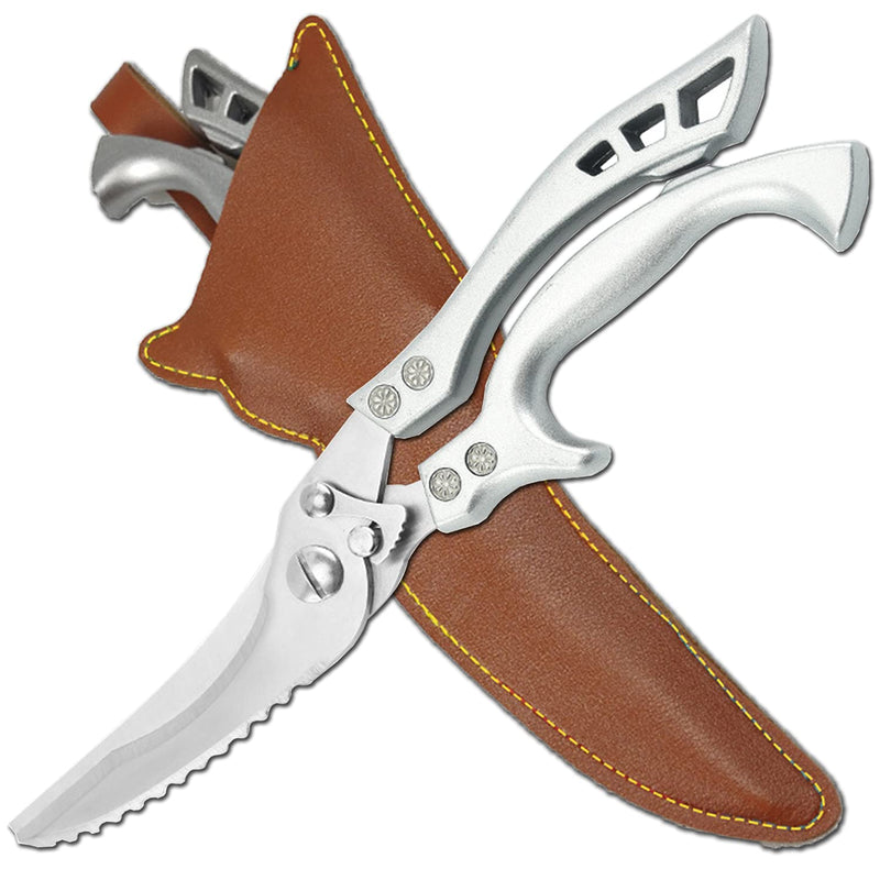 ANDONG Upgrade Heavy Duty Stainless Steel Kitchen Scissors - Professional Poultry Shears for Bone, Meat, Chicken, Fish, Turkey, Vegetables,Spring Loaded Multipurpose Ultra Sharp Utility Scissors Silver + Brown