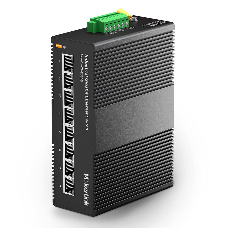 MokerLink 8 Port Gigabit Industrial DIN-Rail Ethernet Switch, 16Gbps Switching Capacity, IP40 Rated Network Switch (-40 to 185°F), with UL Power Supply 8 Gigabit