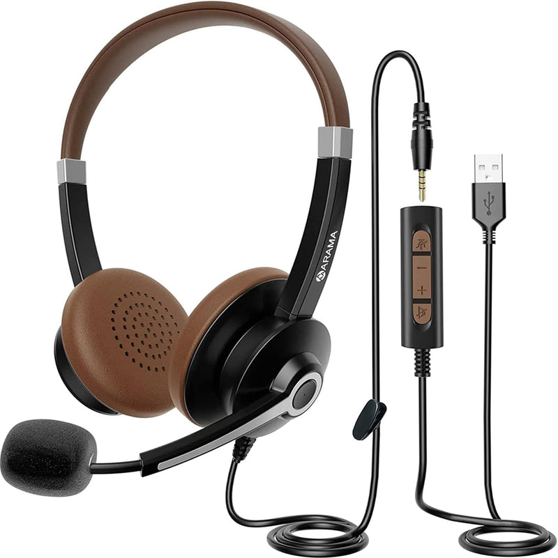 Arama USB Headset with Microphone Noise Cancelling & in-line Call Controls, Ultra Comfort 3.5mm Wired Headset for Cell Phone, Computer Headset with Mute for PC Laptop Skype Webinar Home Office Brown