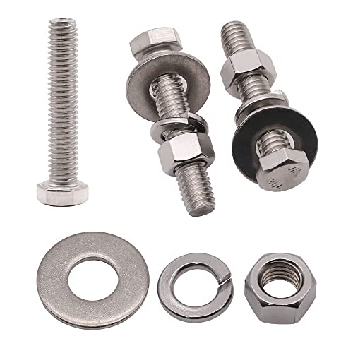(4 Sets) 1/2-13 x 6 Stainless Steel Hex Bolts & Hex Nuts & Large Diameter Flat Washers & Lock Washers Hardware Kit, 304 Stainless Steel 18-8, Full Thread Hexagon Bolt Assortment 1/2-13 x 6" 4