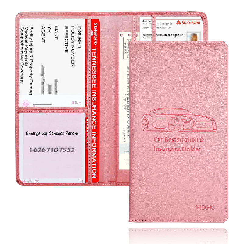 Car Registration and Insurance Card Holder - Leather Vehicle Glove Box Automobile Documents Paperwork Wallet Case Organizer for ID, Driver's License, Key Contact Information Cards - Men&Women L Pink