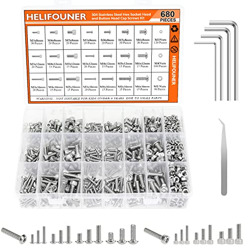 HELIFOUNER 680 Pieces M3 M4 M5 M6 Hex Button Head and Socket Head Metric Screws and Nuts Assortment Kit, 304 Stainless Steel