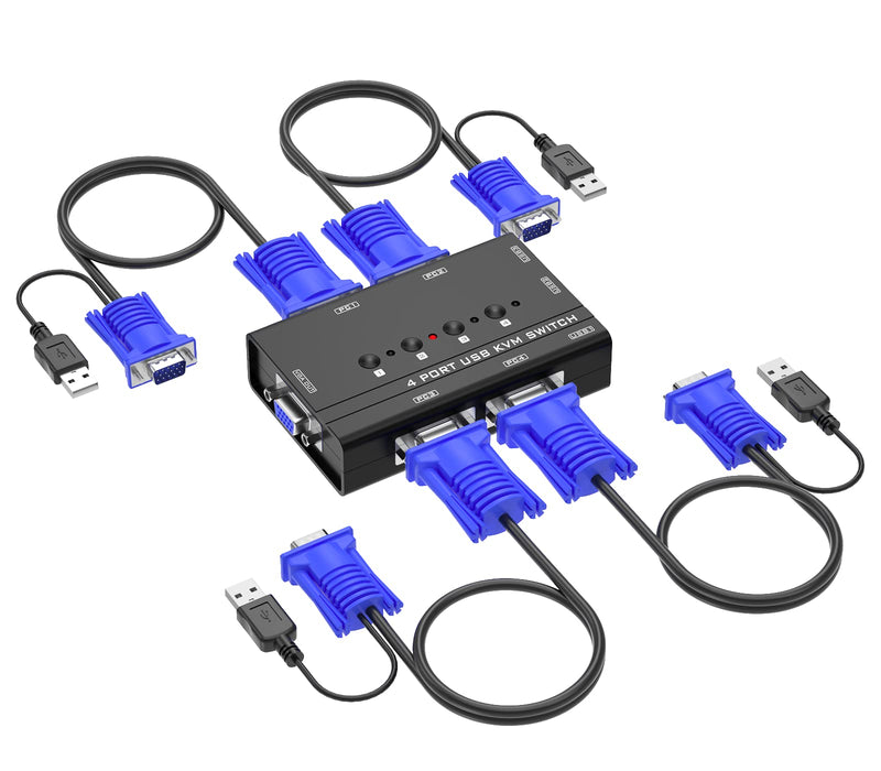 VGA KVM Switch, Yinker 4 Port USB VGA KVM Switch w/4 KVM Cables & 3 USB Hubs for 4 Computers Share One Monitor Keyboard Mouse 4 port in