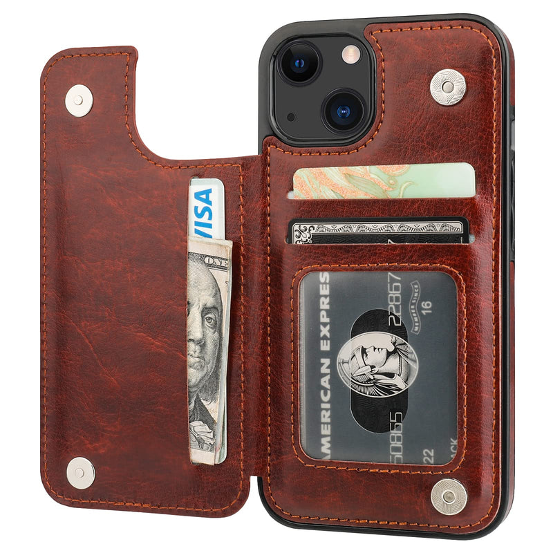 Compatible with iPhone 13 Wallet Case with Card Holder, PU Leather Kickstand Card Slots Case, Double Magnetic Clasp Durable Shockproof Cover 6.1 Inch(Brown) Brown