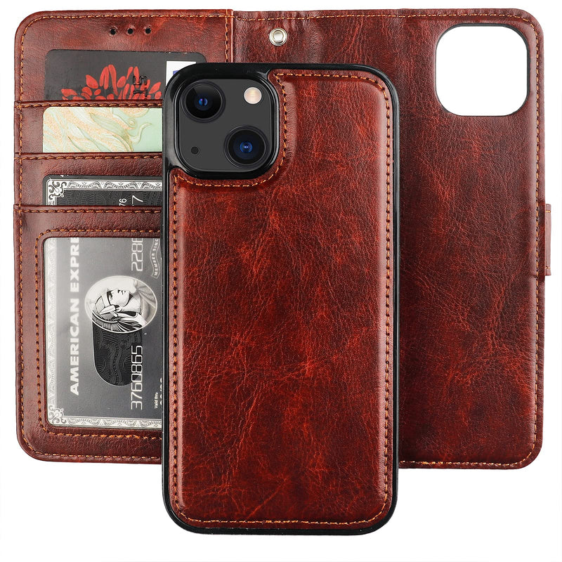 Bocasal Detachable Wallet Case for iPhone 13 RFID Blocking Card Slots Holder Premium PU Leather Magnetic Kickstand Shockproof Wrist Strap Removable Flip Protective Cover 5G 6.1 inch (Brown) Brown