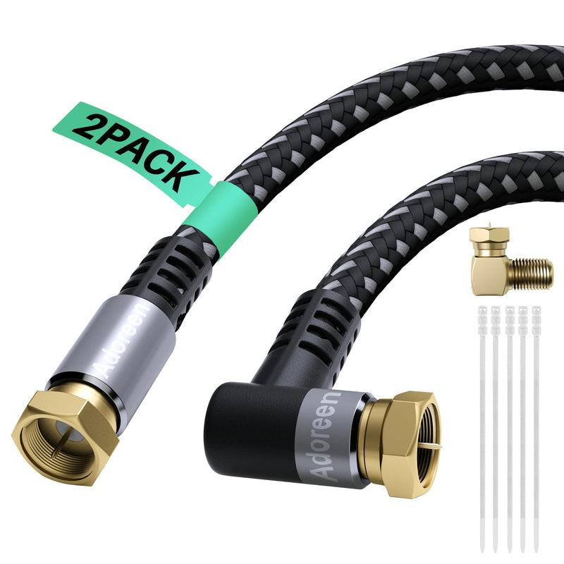 Adoreen Coaxial Cable 10 ft-2 Pack-Right Angle Quad Shielded 90 Degree RG6 Coax Cable Cord, Male F Gold-Plated Nylon-Braided, in-Wall, Digital TV Aerial AV with Angled Male to Female Adapter+15 Ties 10ft-2PK Angled to Straight