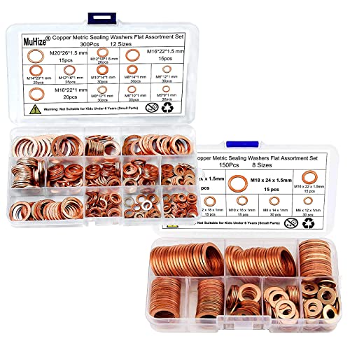 Muhize 150PCS 8 Sizes and 300PCS 12 Sizes Copper Metric Sealing Washers Flat Washers Assortment Kit (M5 M6 M8 M10 M12 M14 M16 M18 M20) Bundled Products