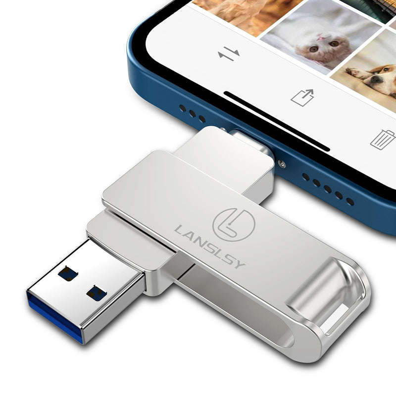 256GB Flash Drive for Phone Photo Stick,Phone Flash Drive USB 3.0 External Storage,3 in 1 Memory Stick is Compatible with i 0S/Pad/Android/PC/Mac (256GB, Silver) 256gb