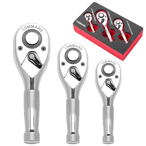 TOMMARS Stubby Ratchet Set 1/4" 3/8" 1/2" Drive Socket Wrench 1/4", 3/8", 1/2" Drive
