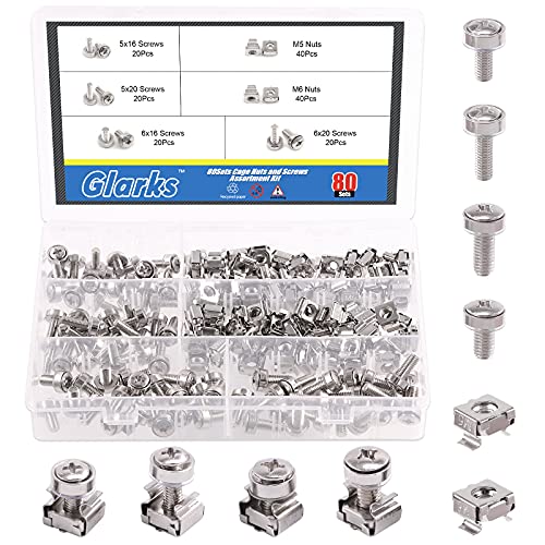 Glarks 80Sets/160Pcs M5 M6 Cage Nuts and Screws Set, Square Hole Hardware Cage Nuts & Mounting Screws Washers for Server Rack and Cabinet (M5 x 16mm, M5 x 20mm, M6 x 16mm, M6 x 20mm)