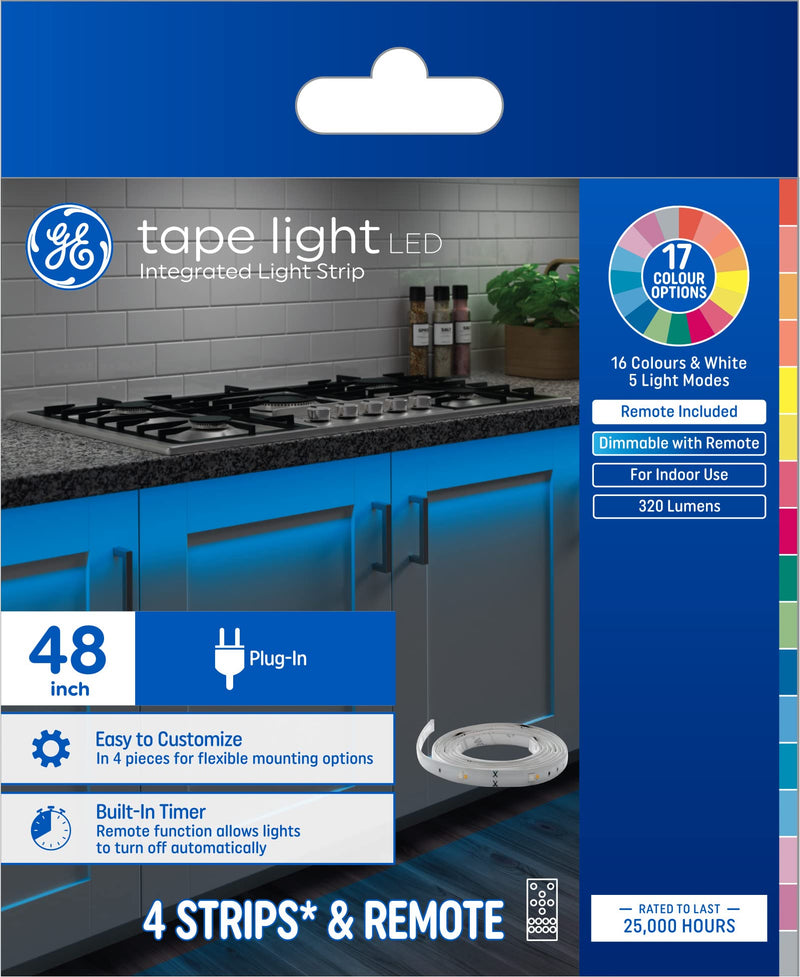 GE LED Tape Light Color Changing Plug-In Light Fixture with Remote, No App or Wi-Fi Required, 12in (4 Pack) 12 INCH 4 PACK