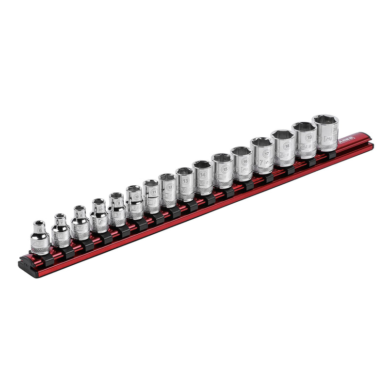ARES 60128-3/8-Inch Drive Magnetic Socket Organizer - Aluminum Rail Stores up to 16 Sockets and Keeps Your Tool Box Organized Red 3/8-Inch Drive 16.5-Inch Magnetic Socket Rail