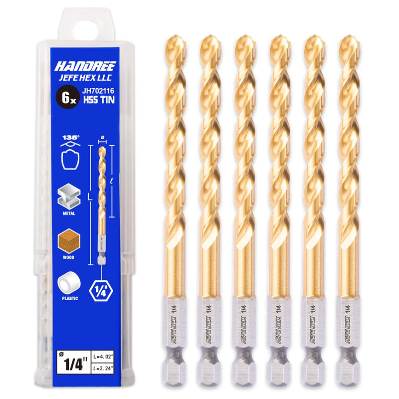 JEFE HEX 1/4" HSS Twist Titanium Drill Bits, Hex Shank for Quick Change, 135 Degree Easy Cut Split Point Drill Bit for Steel, Copper, Aluminum, Zinc Alloy, Wood, and Plastics (Pack of 6). 1/4" (6 pcs)
