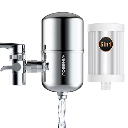 WINGSOL Stainless Steel Water Filter for Sink Faucet, NSF/ANSI 42&53, 360° Rotating Tap Purifier, Reduce Heavy Metals 99.6% Lead, Improve Taste, 250 Gallons Mineral pH+ Water, Reinforced Housing WS- FM001 -5in1