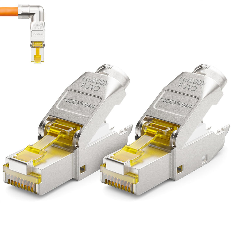 deleyCON CAT 8 Network Connector 90° Angle RJ45 40Gbps Pack of 2 | Tool-free, shielded, for rigid installation cables, raw cables, RJ45 Ethernet LAN DSL patch cable Angled 2 pcs.