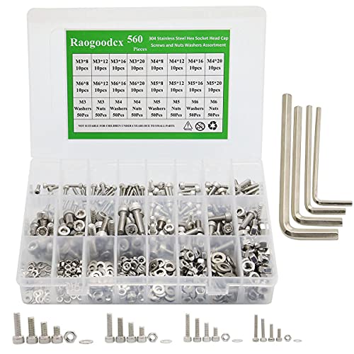 560 Pieces M3 M4 M5 M6 304 Stainless Steel Hex Socket Head Cap Bolts Screws Nuts Washers Assortment Kit with Hex Wrenches