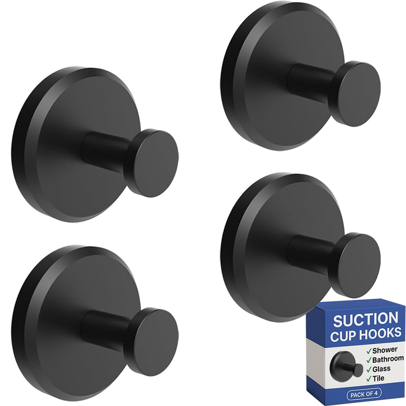 HOME SO Suction Cup Hooks for Shower & Bathroom Towel Holder 4-Pack – Suction Cups Hooks for Hanging Towels, Robes, & Coats - Tiles, Glass Door or Mirror – Shower Hooks & Towel Hooks Organizer - Black Matte Black 4 Pack