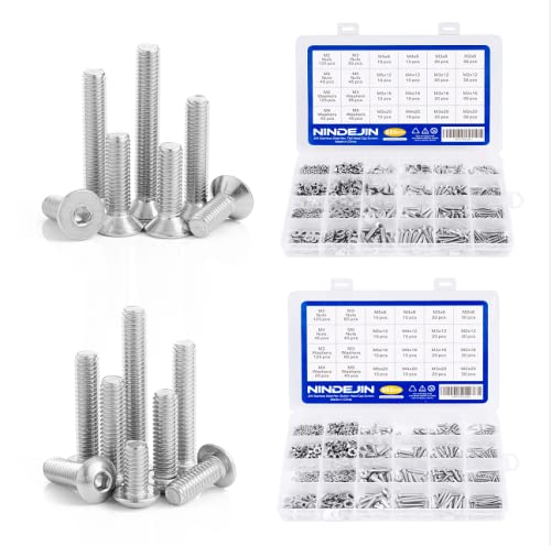 NINDEJIN M2 M3 M4 M5 Stainless Steel Hex Socket Head Cap Screw Bolts & Flat Washers & Nuts Assortment Kit (Flat Head + Round Head)