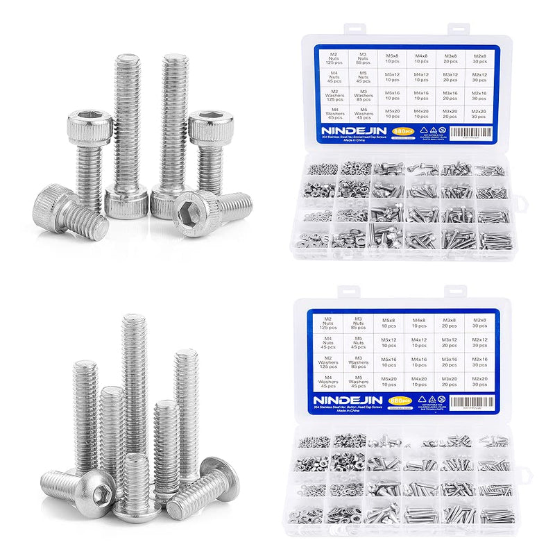 NINDEJIN M2 M3 M4 M5 Stainless Steel Hex Socket Head Cap Screw Bolts & Flat Washers & Nuts Assortment Kit (Socket Head + Round Head)