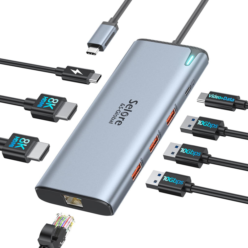 Docking Station USB C Video,8K Laptop Docking Station Dual Monitor 8K@60Hz 2*HDMI,USB-C Hub with USBC Video Output,4 * 10Gbps USB Port,Ethernet,100W PD for Portable Monitor,MacBook Pro/Air,Dell,HP Space
