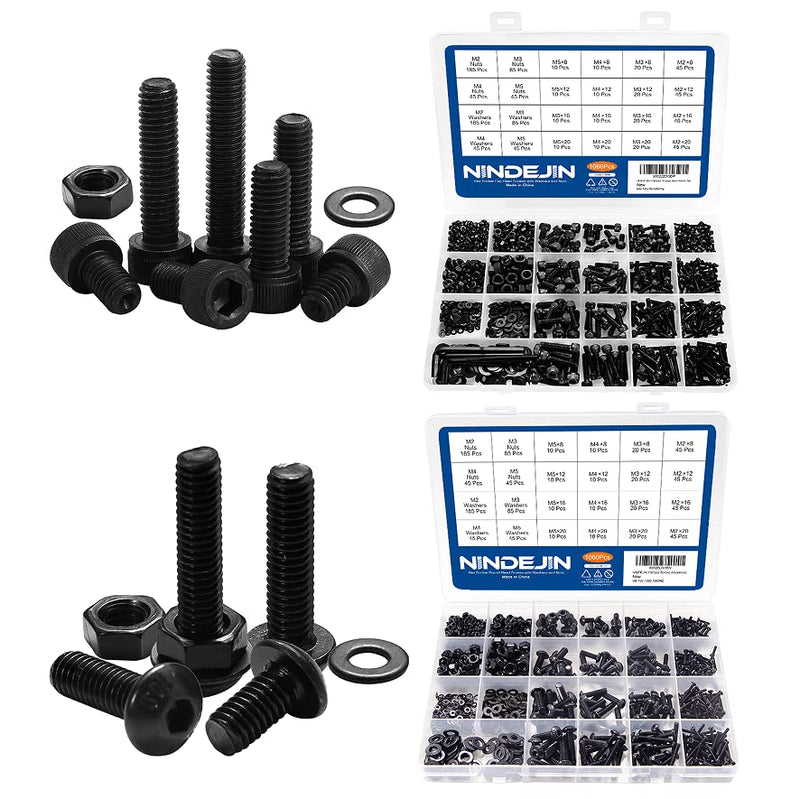 NINDEJIN M2 M3 M4 M5 Carbon Steel Hex Socket Head Cap Screw Bolts & Flat Washers & Nuts Assortment Kit (Socket Head + Round Head)