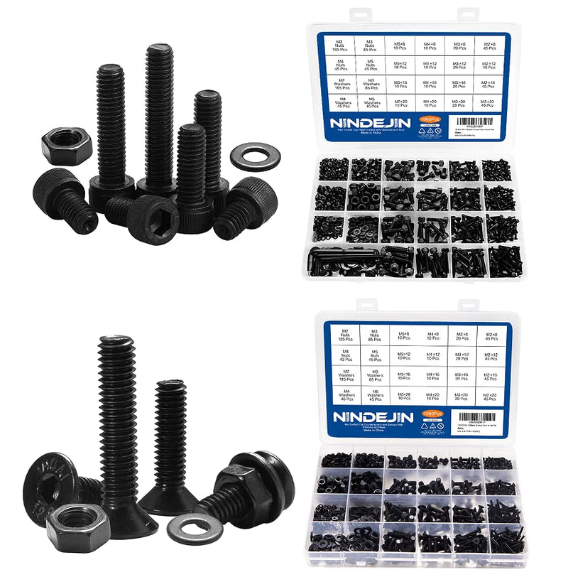 NINDEJIN M2 M3 M4 M5 Carbon Steel Hex Socket Head Cap Screw Bolts & Flat Washers & Nuts Assortment Kit (Socket Head + Flat Head)