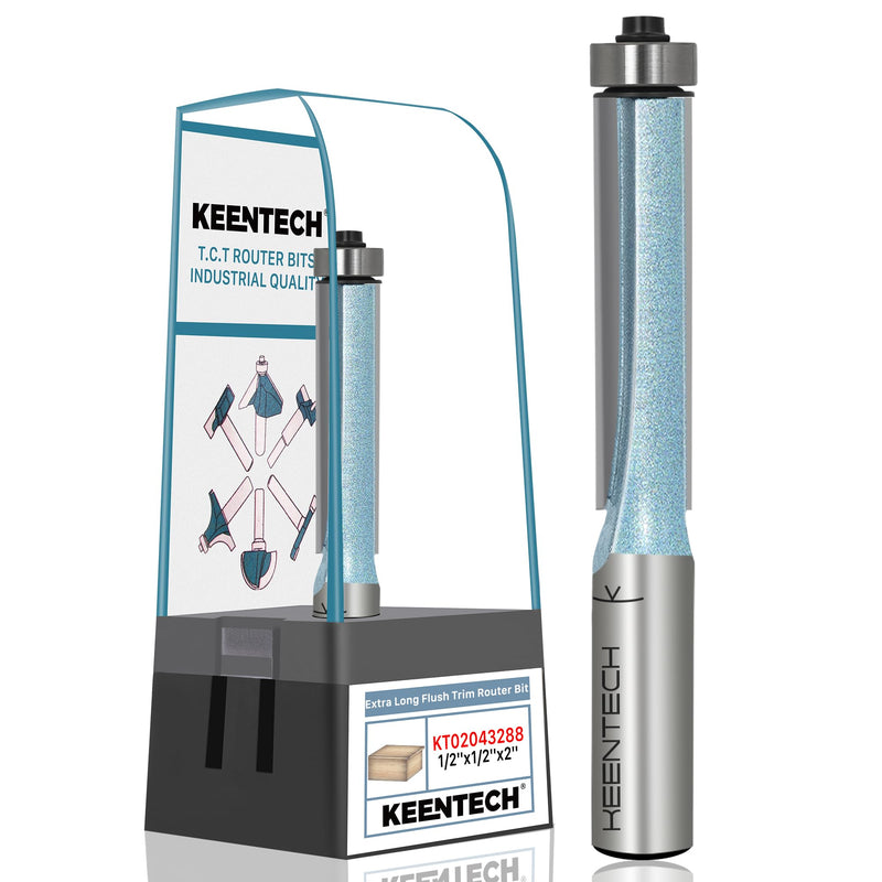 KEENTECH Flush Trim Router Bit, 1/2" Shank, Ideal for Template Work & Clean Flush Trimming, Industrial Carbide Tipped Extra-Long Bearing Pattern Bit, 1/2" Diameter, 2" Cutting Depth 1/2" Dia. - 2" Cutting Length
