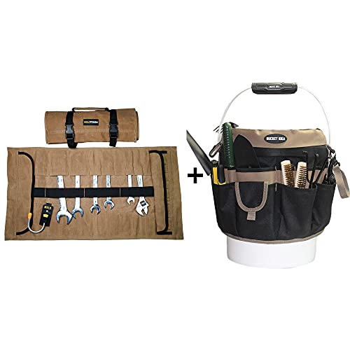 1 Pack Waxed Canvas Tool Roll Wrench Roll Organizer Socket Tool Roll Pouch + 1 Pack Bucket Tool Organizer with 35 Pockets Fits to 3.5-5 Gallon Bucket