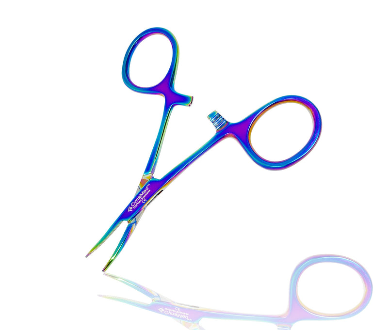 Cynamed Mosquito Hemostatic Forceps with Multicolor/Rainbow Titanium Coating - Premium Quality - Hemostat Clamping Pliers with Serrated Jaws - 3.5 in. (Curved) Curved