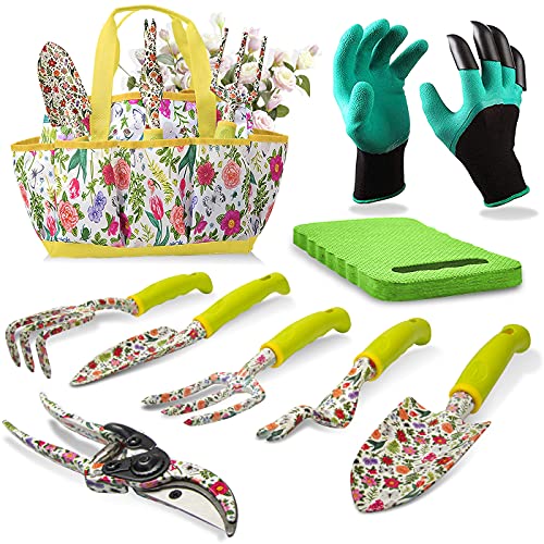 Garden Tool Set 9 Piece Heavy Duty Aluminum Gardening Hand Tools Kit Cute Gardening Supplies with Non-Slip Rubber Grip Gift for Women/Parent Green