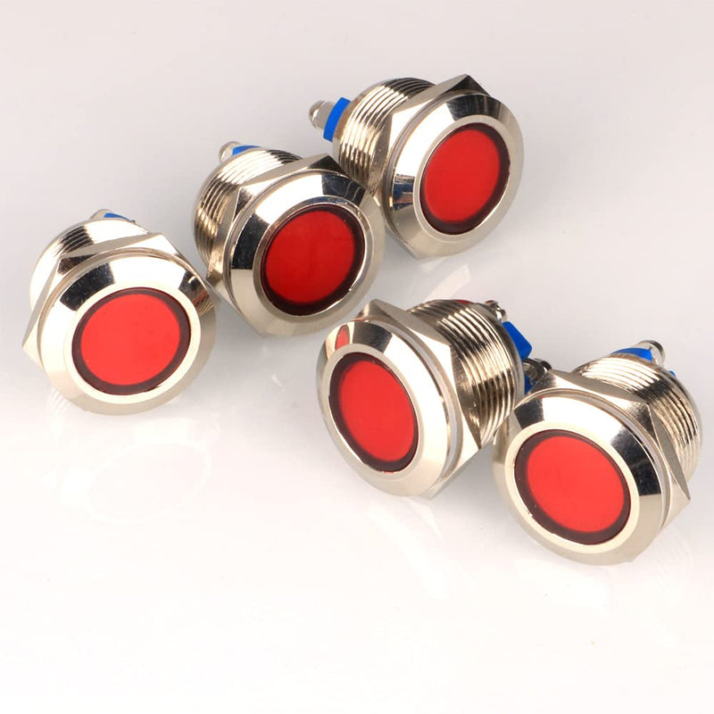 Guuzi 5pcs 12V-24V 19mm LED Metal Indicator Light Waterproof Signal Lamp with Wire (Red) Red-19mm