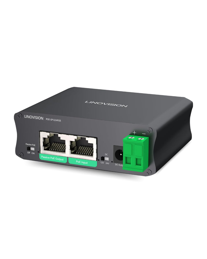 LINOVISION Industrial Gigabit 30W PoE Splitter with Switchable DC12V/24V Output and Passive PoE Output for Bridges Like UB Loco5AC, Designed for Cameras and IoT Systems