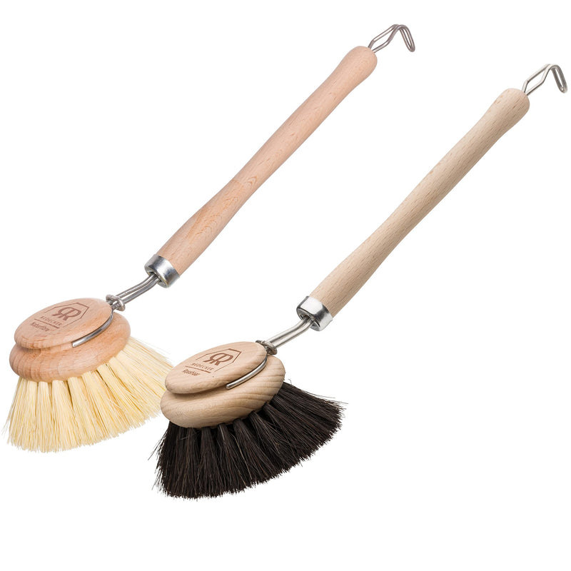 REDECKER Tampico Fiber and Horsehair Dish Brush Bundle, Set of 2 Brushes with Untreated Beechwood Handles, 10-inches, Made in Germany - German Dish Brush - Tampico Dish Brush