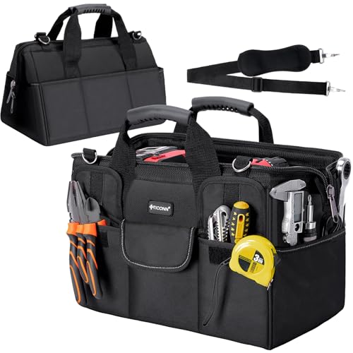 TICONN Heavy Duty Tool Bag Organizer, Portable Tool Box with Shoulder Strap 16" Standard Base Black