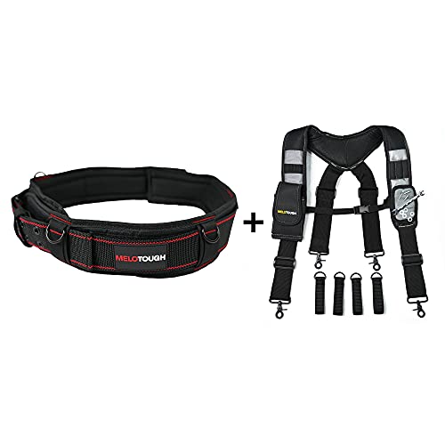 MELOTOUGH 1 PACK Tool Belt with D ring and Strong Durable Double Metal Roller Buckle,Adjustable waist + 1 PACK Magnetic Suspenders Tool Belt Suspenders with Large Moveable Phone Holder