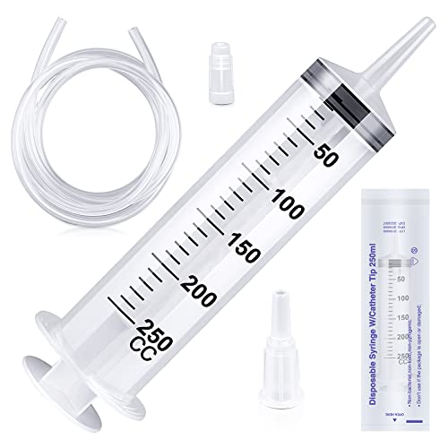 150/250/350/550 ml Syringe with Plastic Tubes, Reusable Plastic Syringe for Oil or Glue Applicators, Experiments, Pet Feeding, Industrial Applications (250 ml) 250ml
