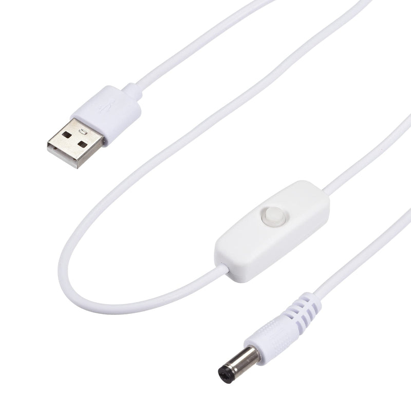 MECCANIXITY USB Cable with ON/Off Switch, USB Male to 5.5x2.1mm DC Male Extension Cord 150cm White, for LED Desk Lamp LED Strip