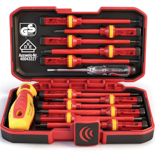 1000V Insulated Electrician Screwdriver Set - 13-Piece Professional Electrical Screwdriver Set Insulation Handle CRV Steel Magnetic Phillips Slotted Pozi Torx Tips VDE & GS Certified 13 Pcs Vde Interchangeable Pro