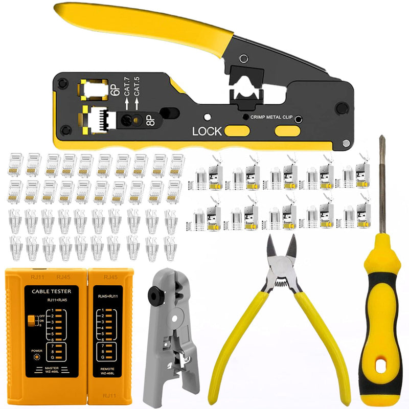 Gaobige rj45 Crimp Tool Kit, Pass Through Cat7 Cat6A Cat6 Cat5e Cat5 rj45 Crimping Tool with 10PCS Cat7 Shielded Connectors 10PCS Covers 20PCS Cat6 Pass Through Connectors 20PCS Covers Network Tester HT-7018