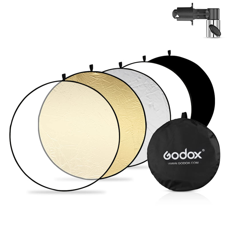 Godox 43”/110cm Light Reflector Diffuser,5-in-1 Portable Collapsible Round Multi Disc with Holder Clip & Bag for Studio Shooting,Video Location,Portrait Photography-Gold,Silver,White,Black,Translucent 110cm