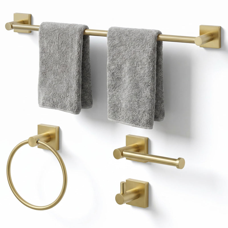 24-Inch Wall Mounted Towel Racks for Bathroom – Space Saver 4-Piece Durable Stainless Steel Bathroom Hardware Set with Towel Bar, Towel Ring, Toilet Paper Holder & Hook, Gold Golden Square