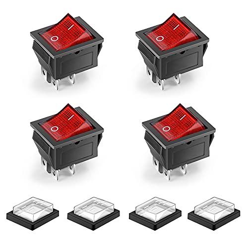 4pcs ON-OFF/ON-OFF Rocker Switch Illuminated On/Off Rocker Switch with Waterproof Cover DPDT 4 End Points 16A 250VAC red