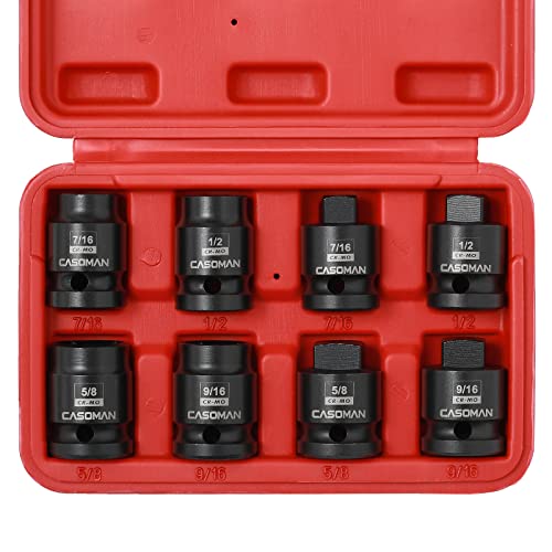 CASOMAN 8PCS 1/2-Inch Drive Pipe Plug Socket Set, Cr-Mo, SAE, Male/Female Set, 7/16", 1/2", 5/8", 9/16", Tapered Male Square Drive, Chamfered Female Square Drive 1/2"Dr.