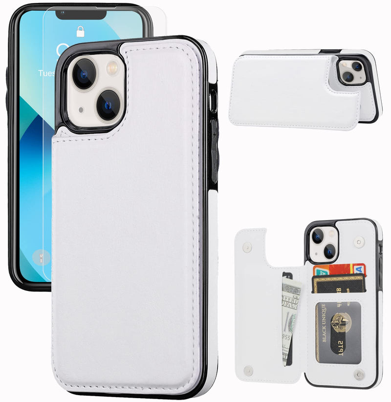 Wallet Case Compatible with iPhone 13,Slim Protective case with Card Holder,PU Leather Kickstand Card Slots Case with a Free Screen Protective Glass for iPhone 13(6.1")-White White