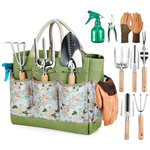 Grenebo Heavy Duty Gardening Tools with Handbag, Gardening Gifts for Women Green