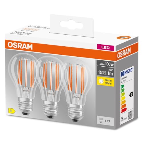 Osram LED Base Classic A100, Clear Filament LED Glass Bulbs for E27 Socket, Pear Shape, Warm White (2700K), 1521 Lumens, Replacement for Conventional 100W Incandescent Bulbs, Box of 3 2700k Warm White 3-pack