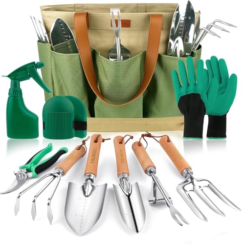 YAUNGEL Gardening Tools Set of 10 Heavy Duty Gardening Hand Tools Stainless Steel Garden Tools with Wooden Handle, Storage Garden Bag, Gardening Gifts for Women and Men 10pcs with bag